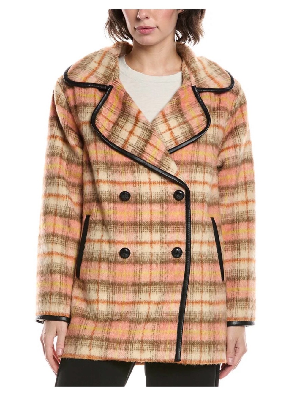 CAbi Pink Tan Plaid Double-Breasted Coat with Black Trim